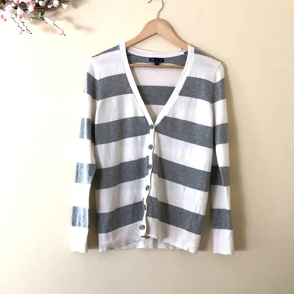 GAP Cardigan Grey Wide Striped Sweater V-neck Size M